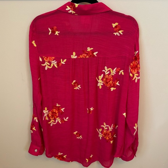 Fig & Flower Embroidered Floral Button Up Tunic Boho Roll Tab Pink Semi Sheer L - Picture 5 of 8